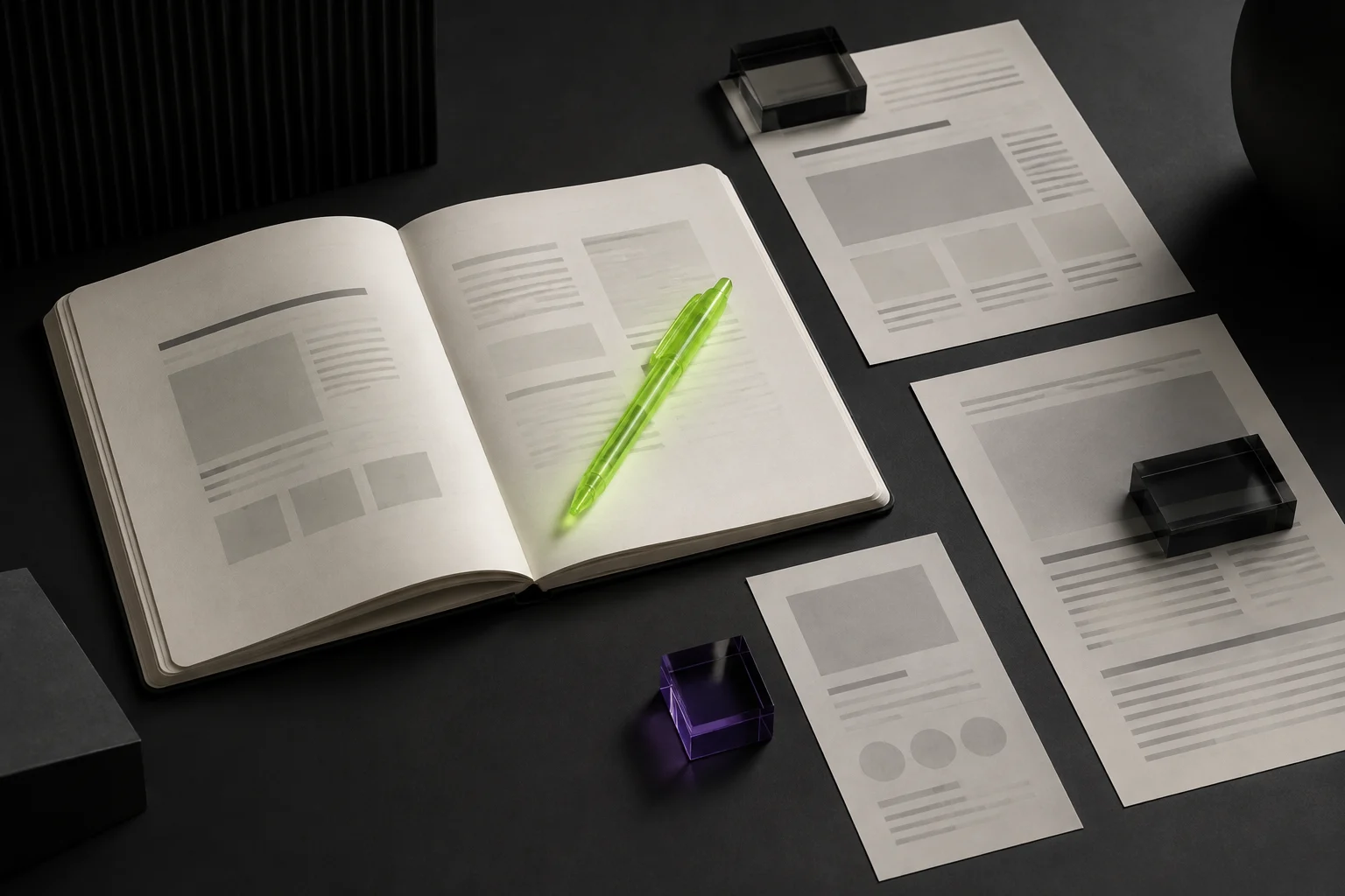 Notitieboek en paginaopbouw met een limekleurige pen